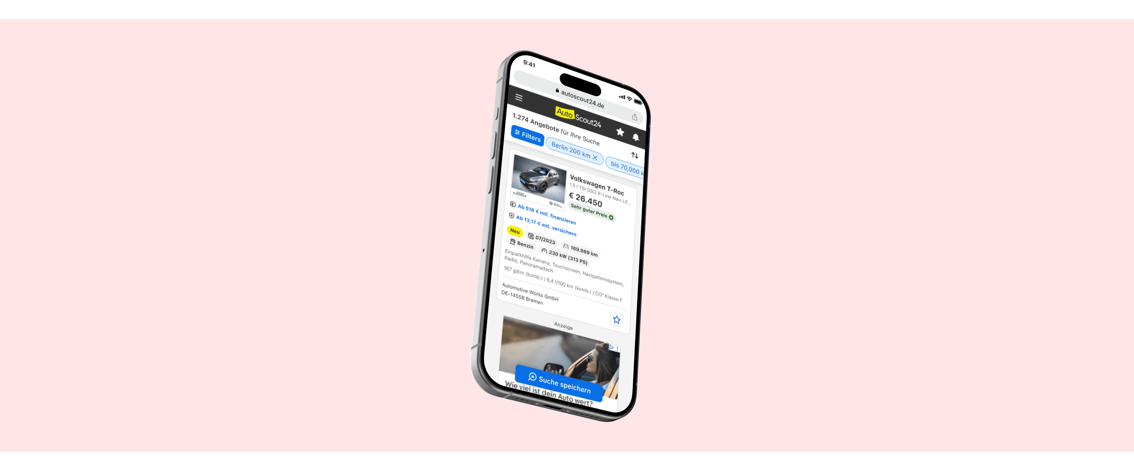 Handheld AutoScout24 mobile web mockup previewing the Declutter case study on the homepage.