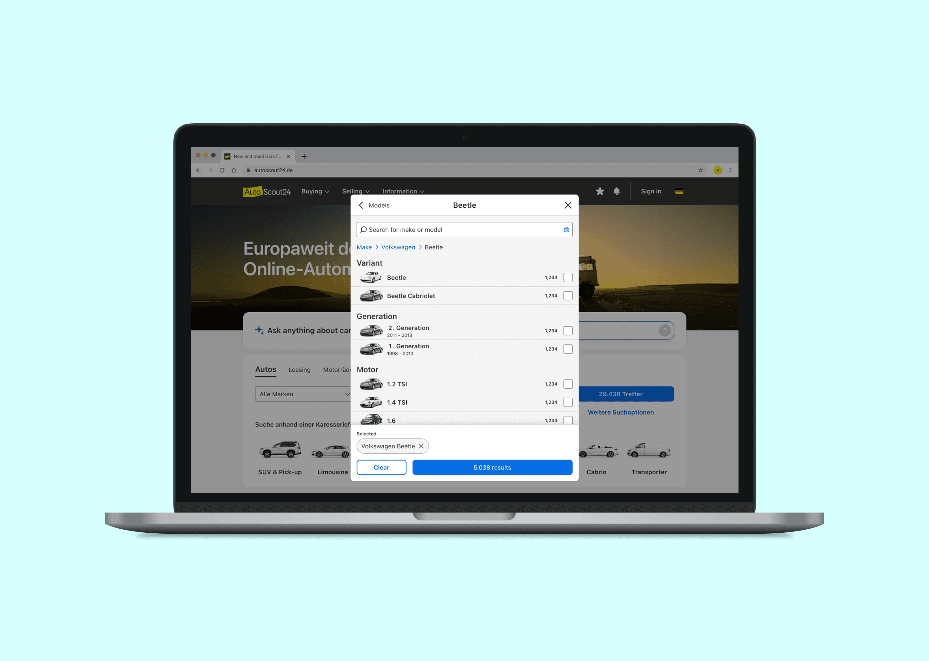 Responsive AutoScout24 make and model mockup showing grouped vehicle choices and selection review.